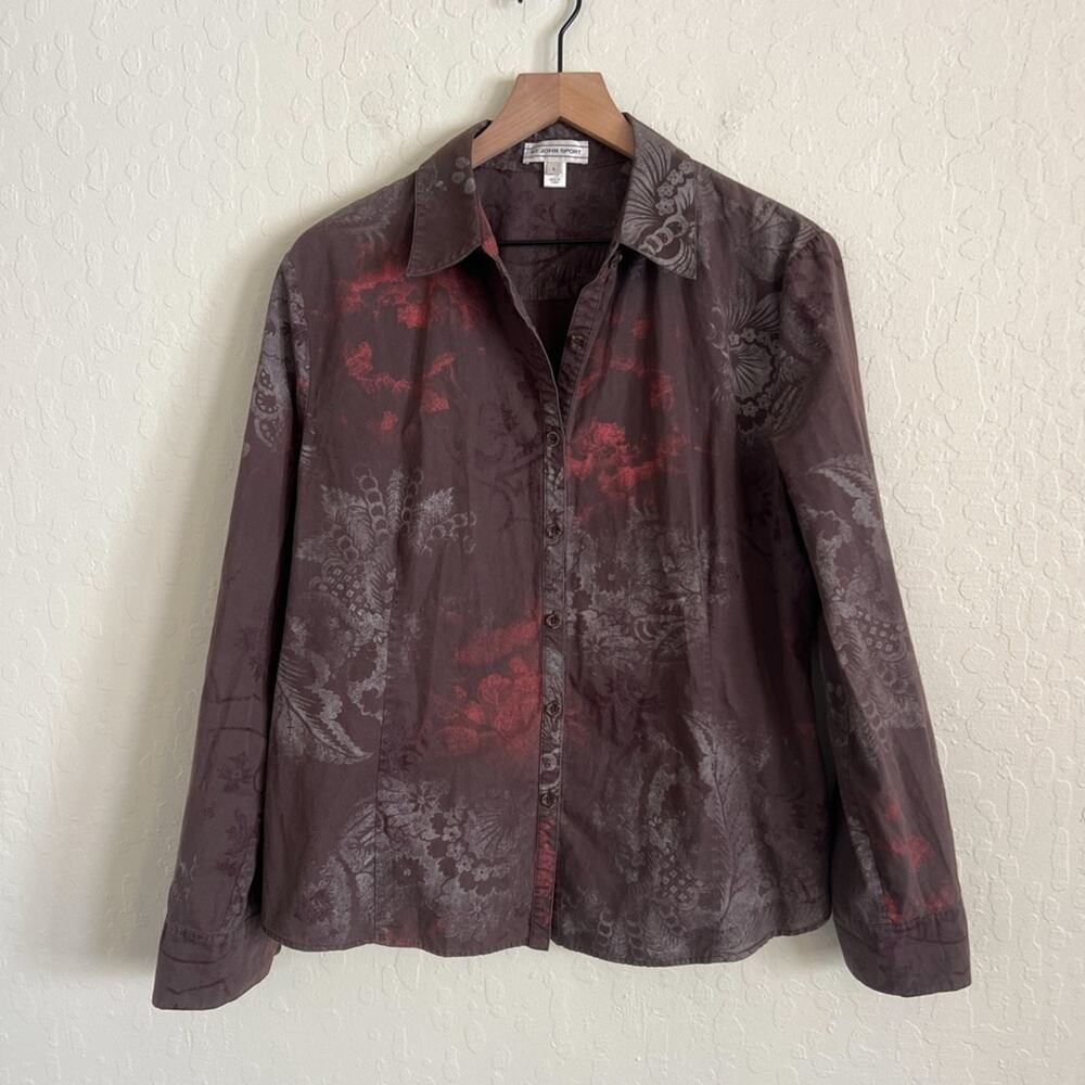 Vintage St. John Sport 100% Cotton Long Sleeve Button Down Shirt Large Brown Red